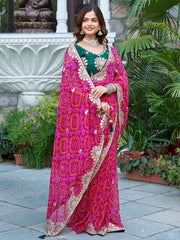 Royalty Pink Georgette Bandhani Print Saree With Blouse - Ethnic Plus In