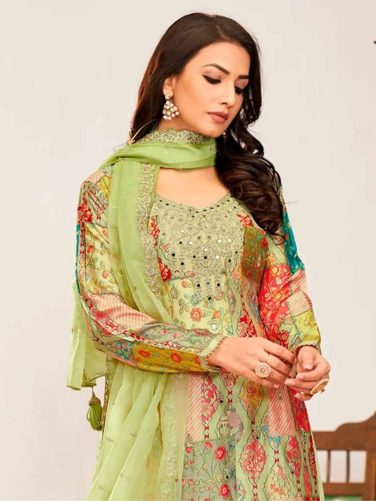 Adorable Pista Color Embroidered Chinon Function Wear Palazzo Suit
