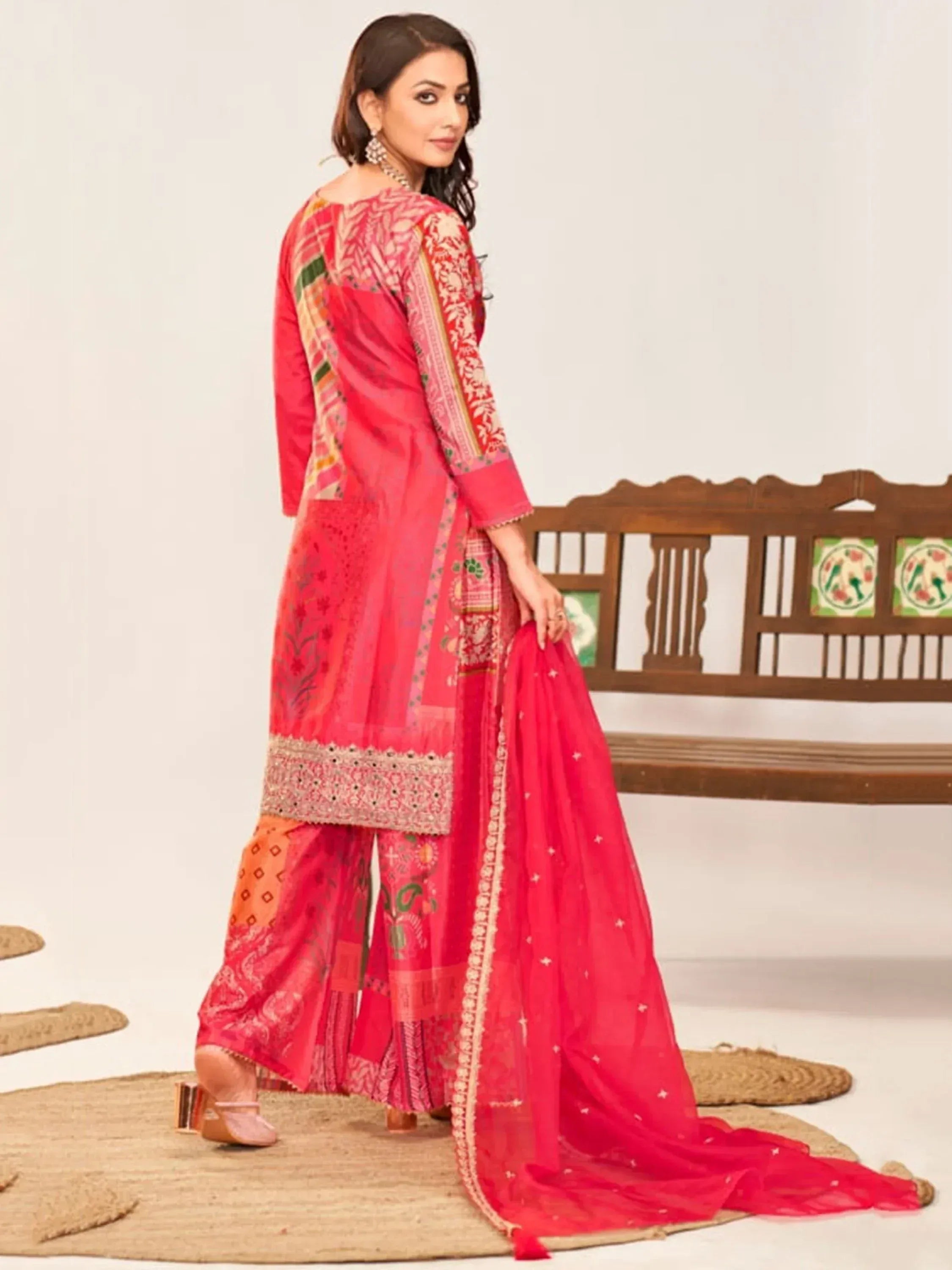 Vibrant pink printed salwar kameez with embroidered dupatta, ethnic wear for women