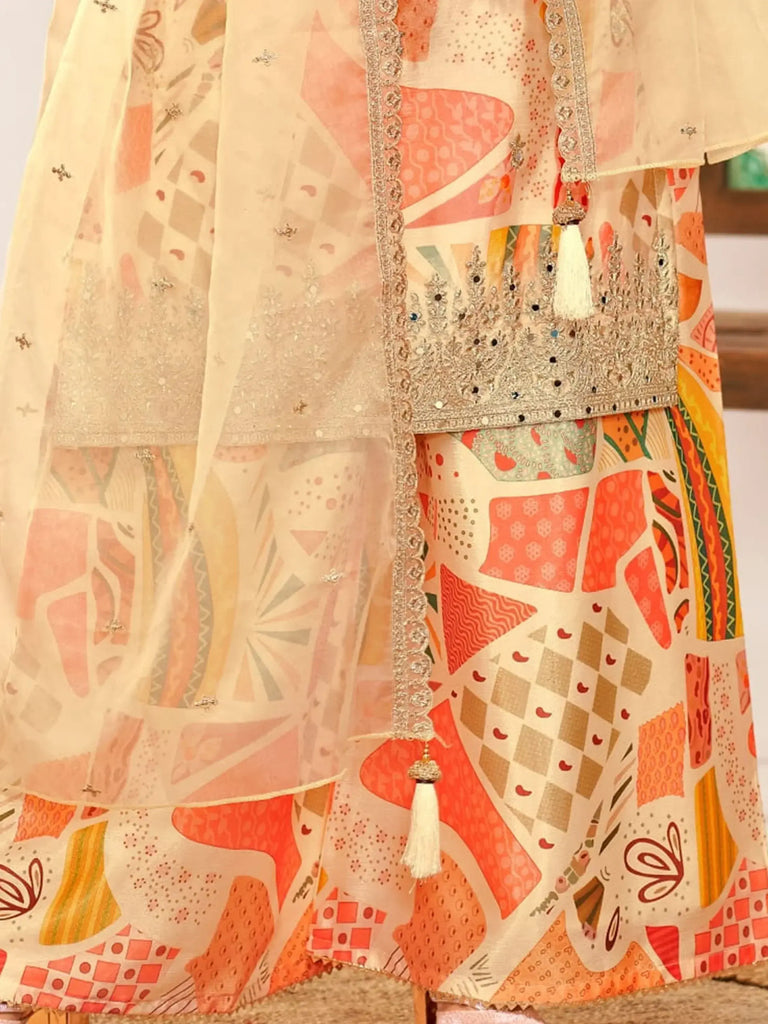 Precious Cream Color Embroidered Chinon Event Wear Palazzo Suit