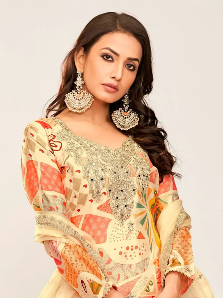Precious Cream Color Embroidered Chinon Event Wear Palazzo Suit