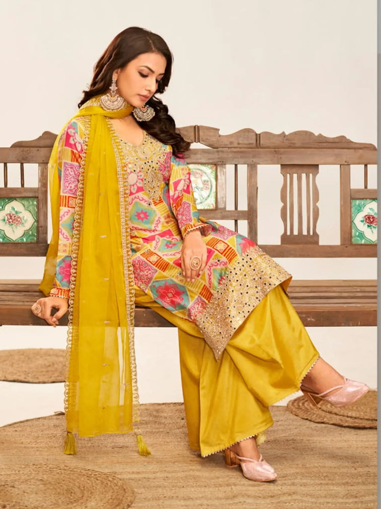 Charming Mustard Color Embroidered Chinon Haldi Wear Palazzo Suit