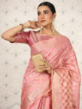 Beautiful Dusty Pink Zari Woven Organza Wedding Wear Saree With Blouse