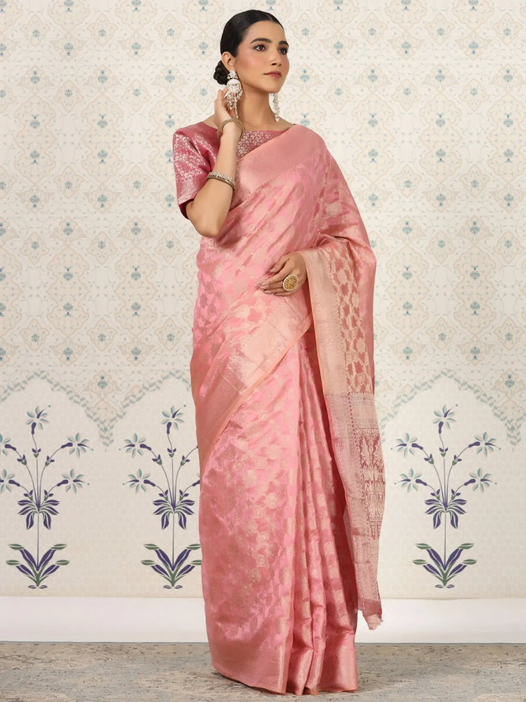 Beautiful Dusty Pink Zari Woven Organza Wedding Wear Saree With Blouse