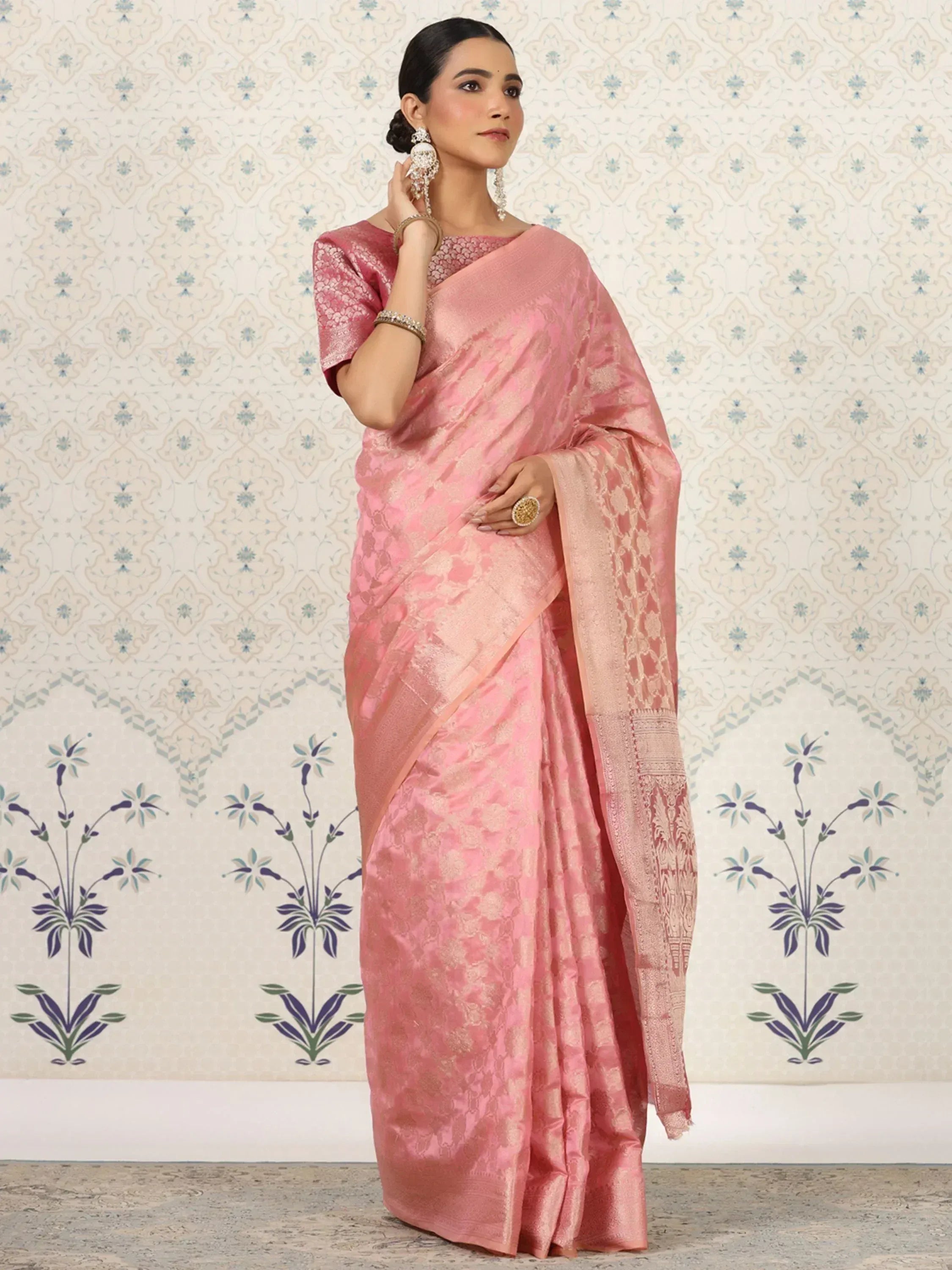 Pink designer saree with floral jacquard pattern, ethnic wear for women