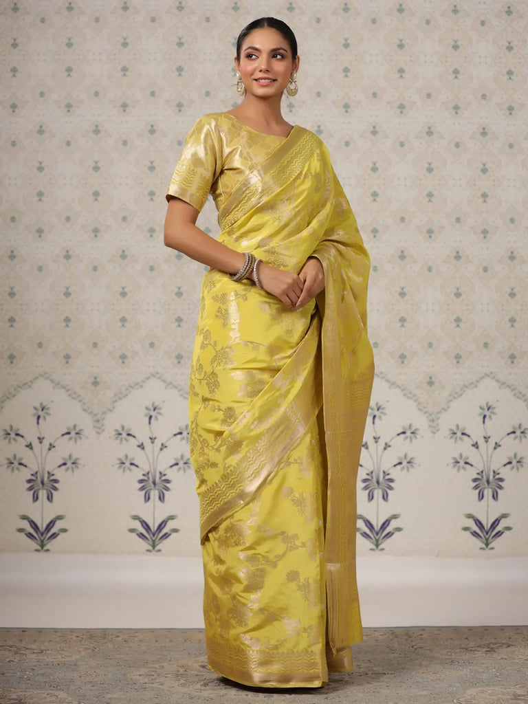Adorable Yellow Zari Woven Silk Blend Haldi Wear Saree With Blouse