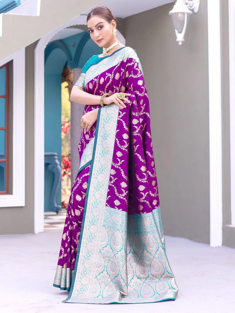 Stunning Purple Zari Weaving Banarasi Silk Festival Wear Saree