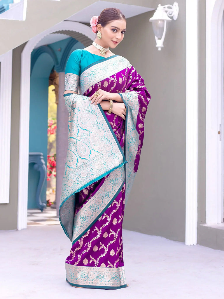 Stunning Purple Zari Weaving Banarasi Silk Festival Wear Saree