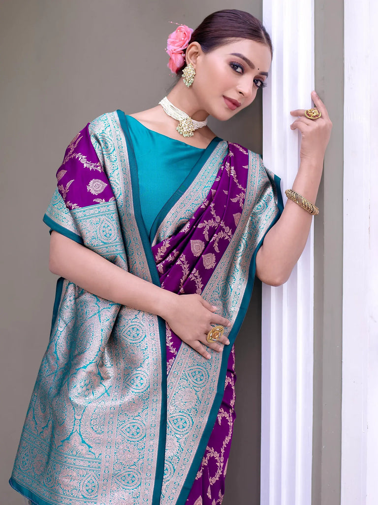 Stunning Purple Zari Weaving Banarasi Silk Festival Wear Saree