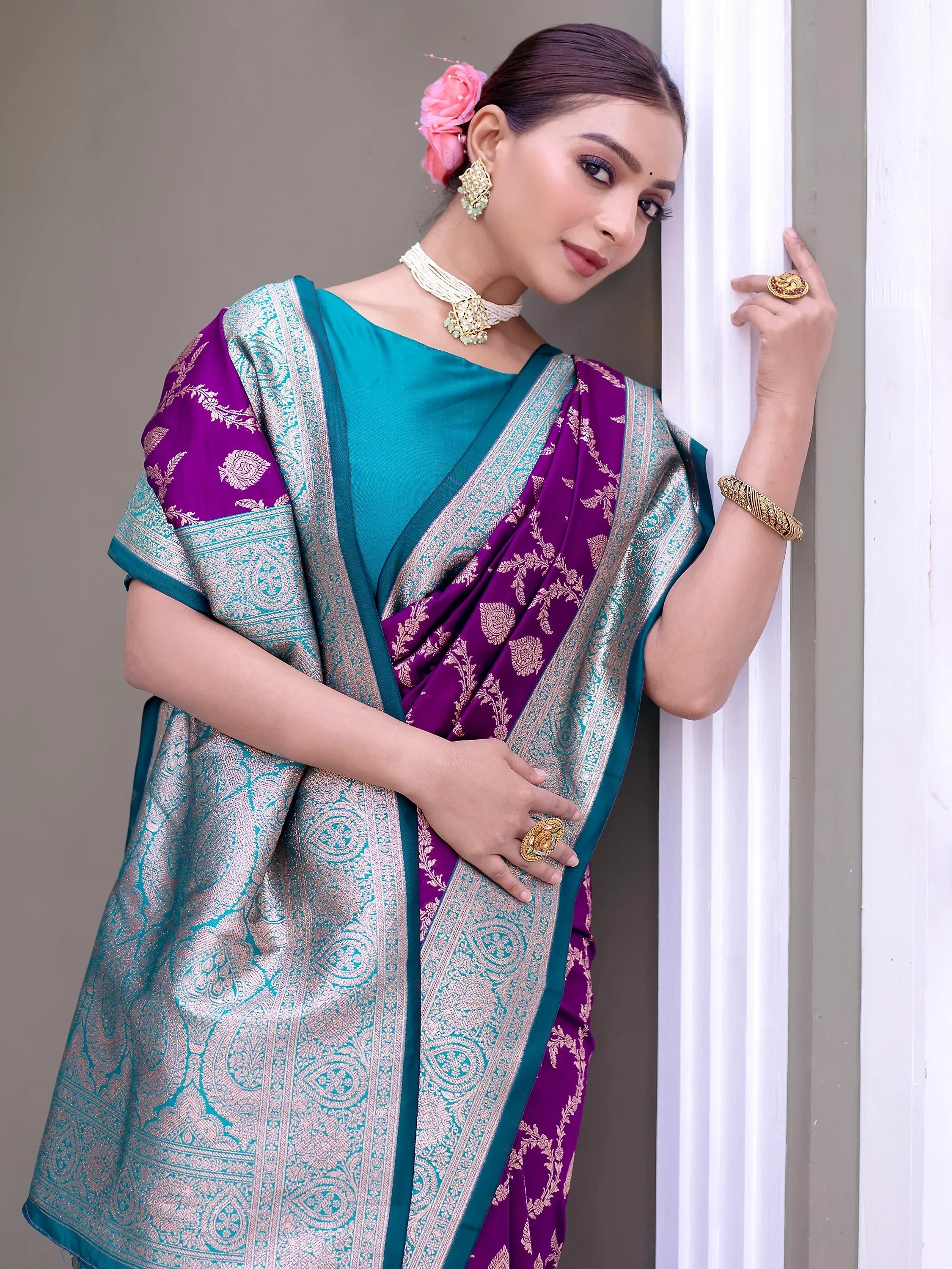 Stunning Purple Zari Weaving Banarasi Silk Festival Wear Saree