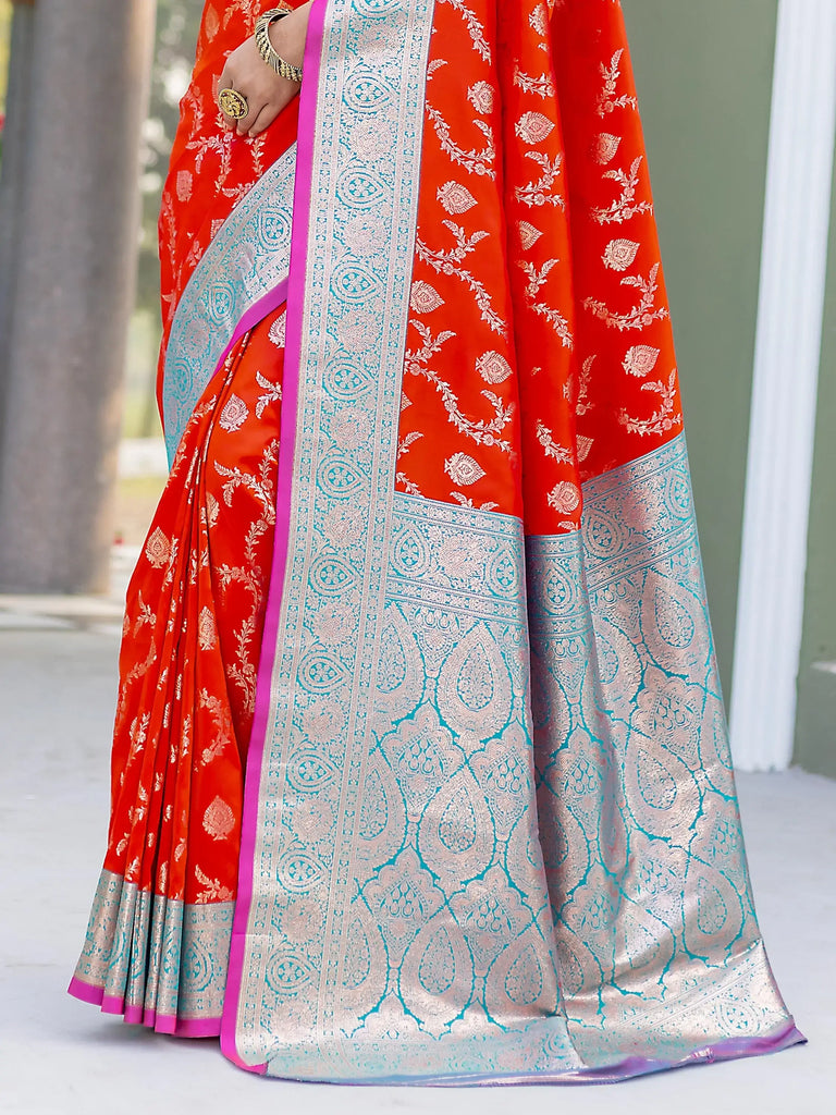 Dazzling Red Zari Weaving Banarasi Silk Wedding Saree With Blouse