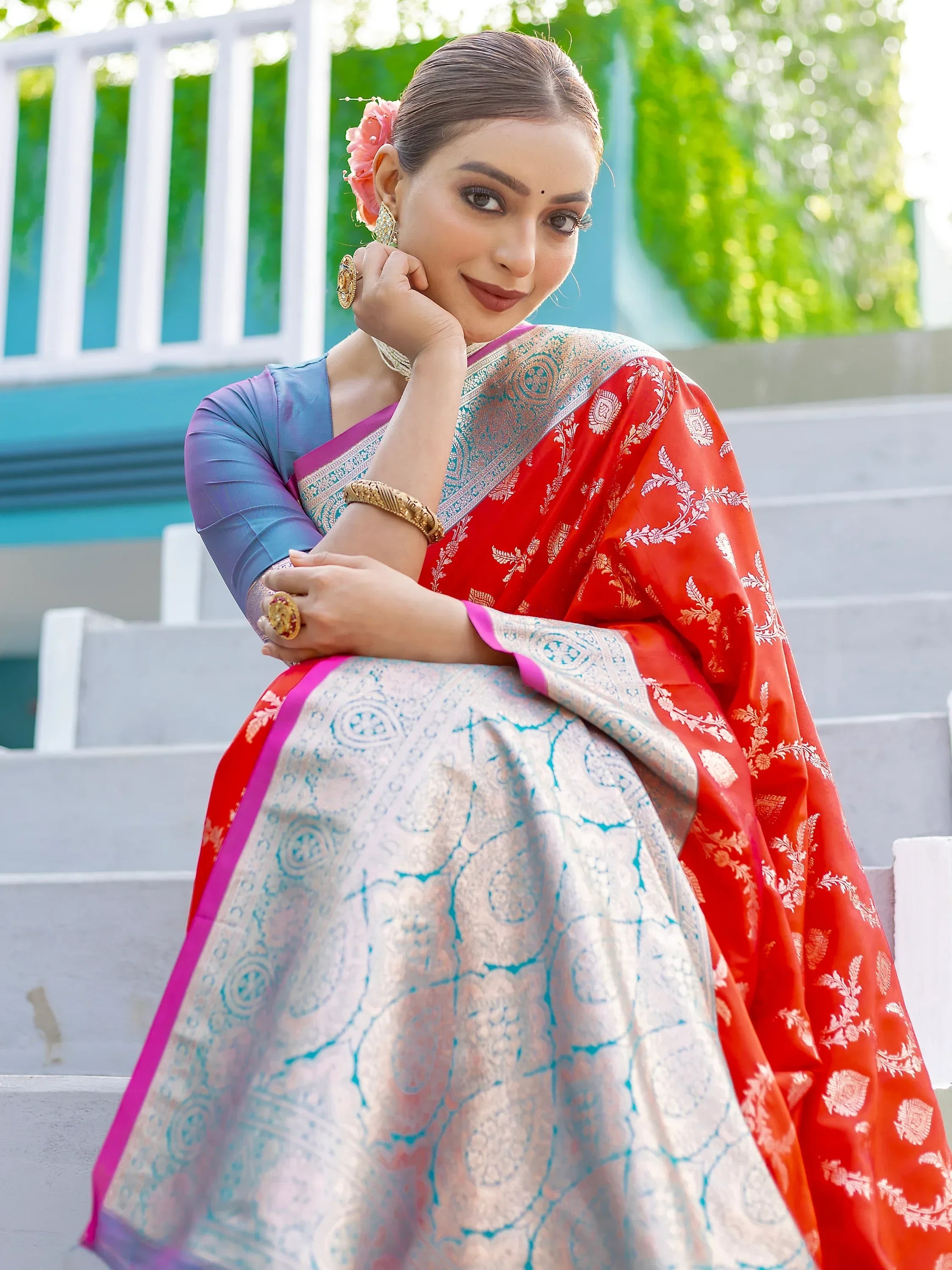 Dazzling Red Zari Weaving Banarasi Silk Wedding Saree With Blouse