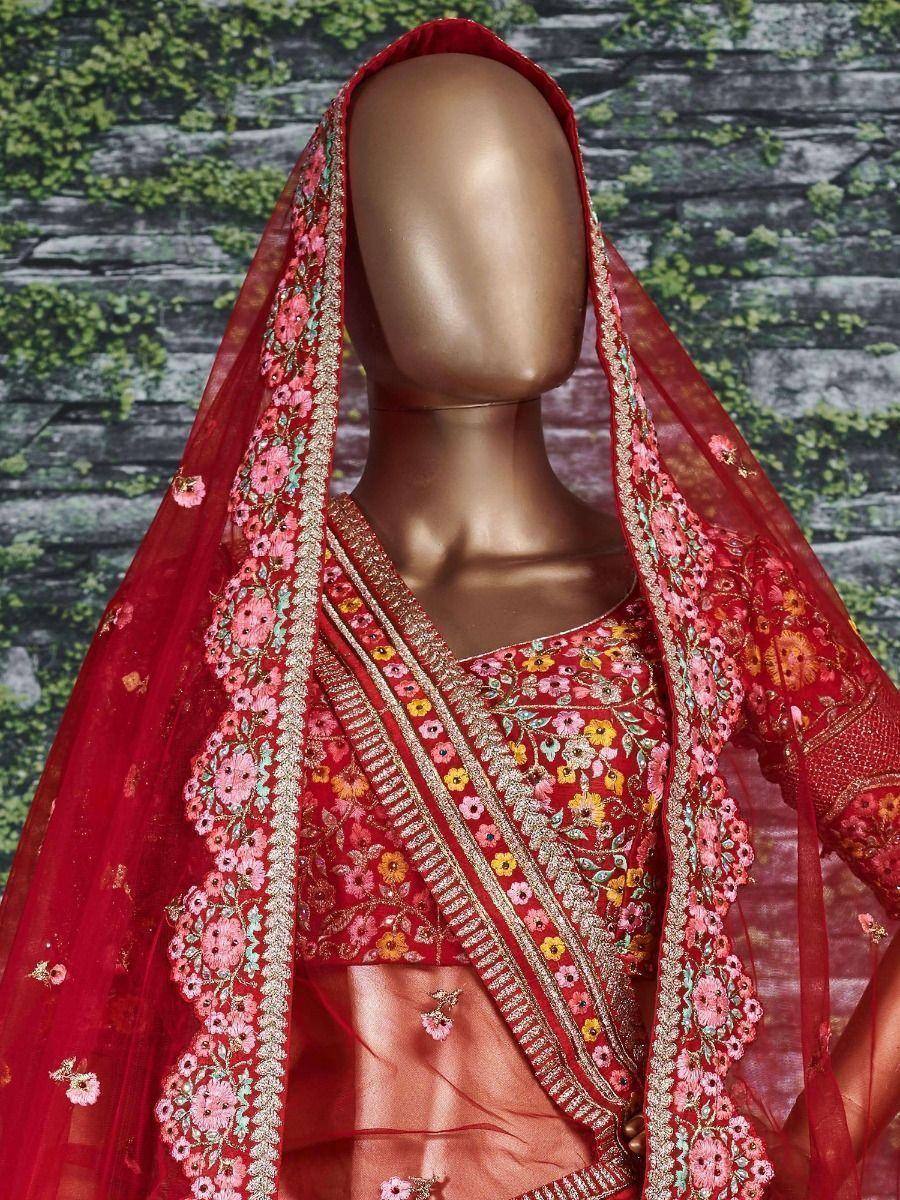 Red floral embroidered lehenga choli with matching dupatta, perfect for Indian ethnic wear occasions