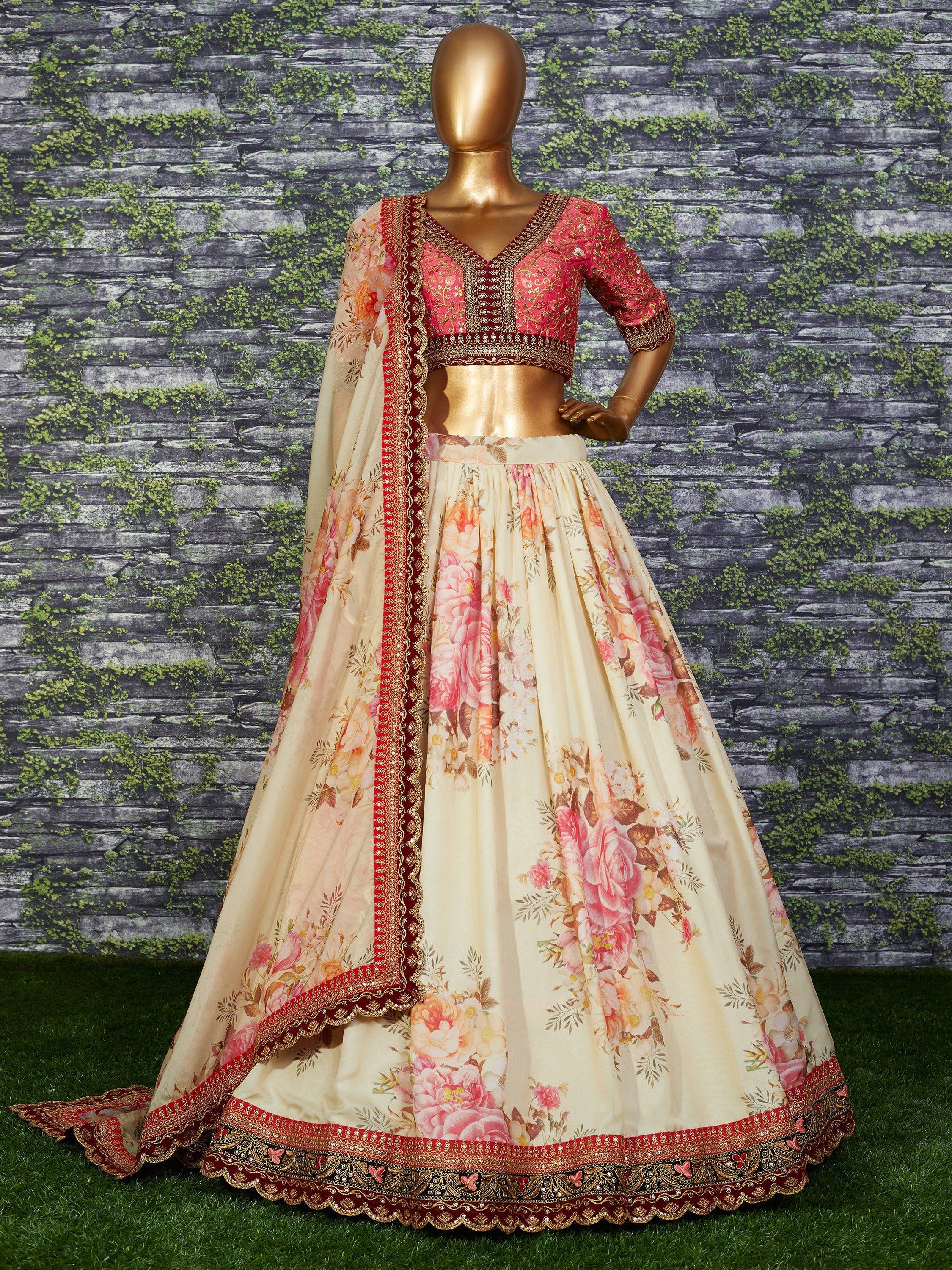 Sabyasachi Off White Floral Printed Organza Bridal Lehenga Choli