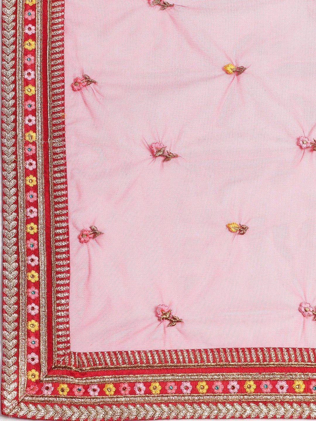 Pink ethnic dupatta with floral embroidery and red gold border for lehenga choli or saree