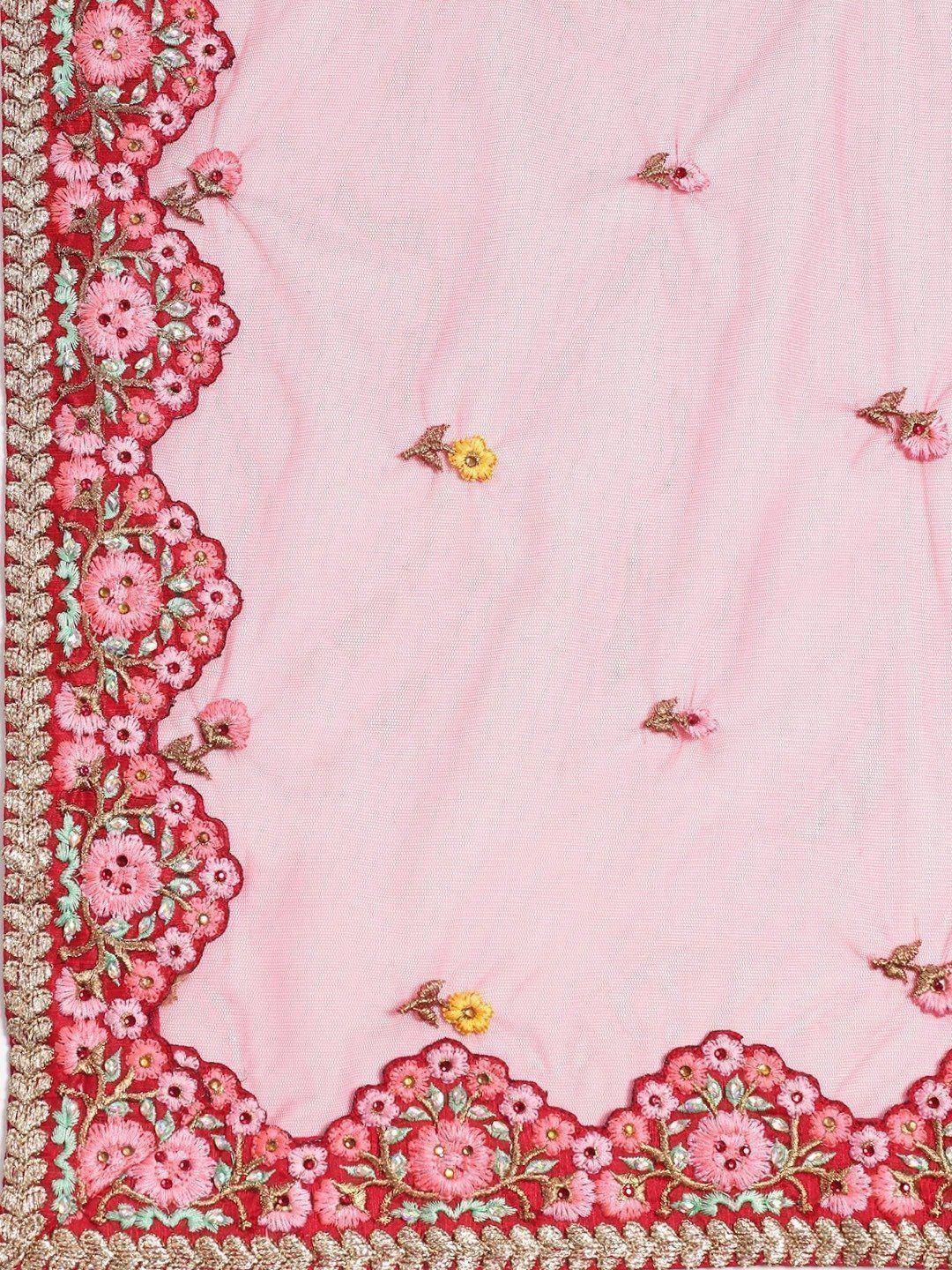 Pink ethnic dupatta with floral embroidery and scalloped border, perfect for lehenga or saree