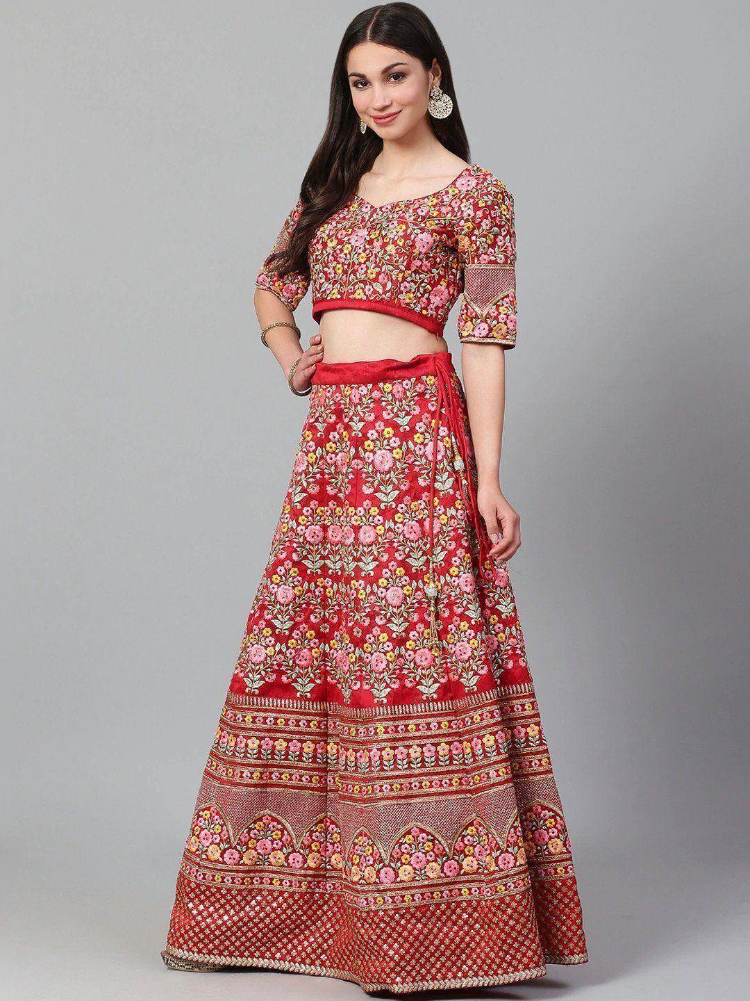 Red floral lehenga choli with intricate embroidery, perfect for Indian ethnic wear occasions