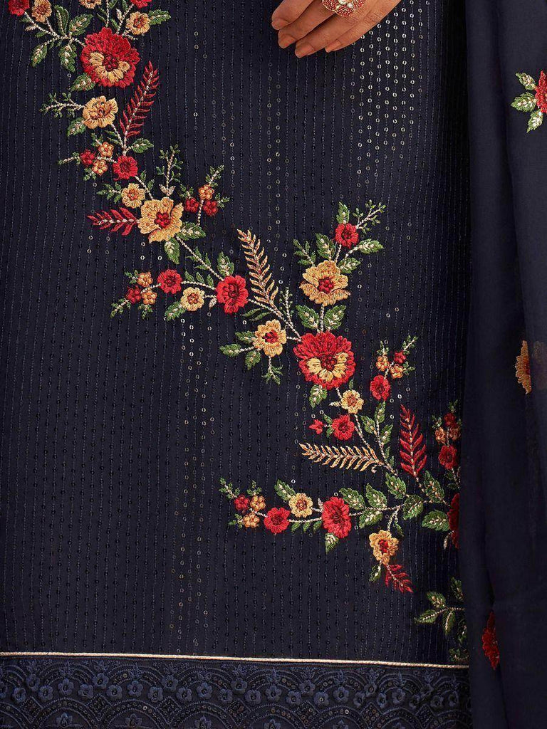 Astonishing Navy Blue Floral Embroidered Georgette Festive Wear Salwar Kameez