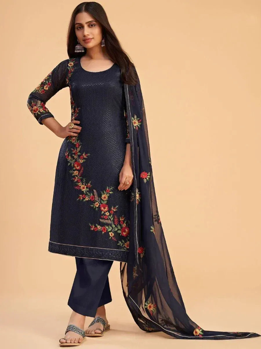 Navy blue embroidered salwar kameez with floral dupatta, Indian ethnic wear for women
