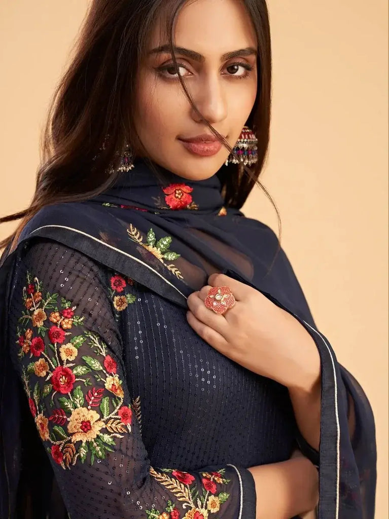 Astonishing Navy Blue Floral Embroidered Georgette Festive Wear Salwar Kameez