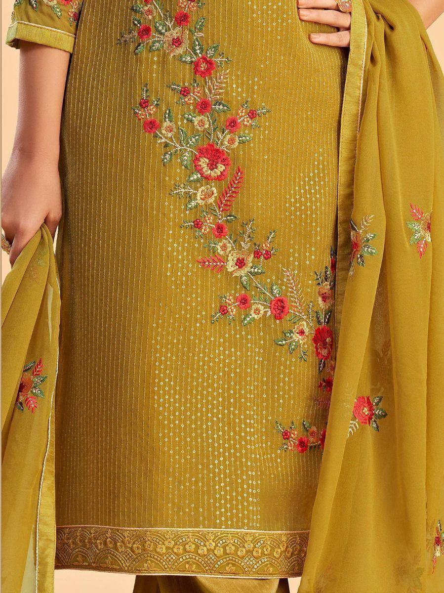 Yellow salwar kameez with red floral embroidery and matching dupatta, Indian ethnic wear