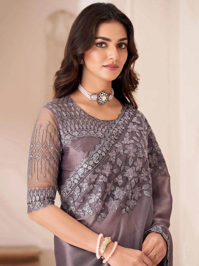 Lovely Dusty Purple Embroidered Georgette Party Wear Saree With Blouse