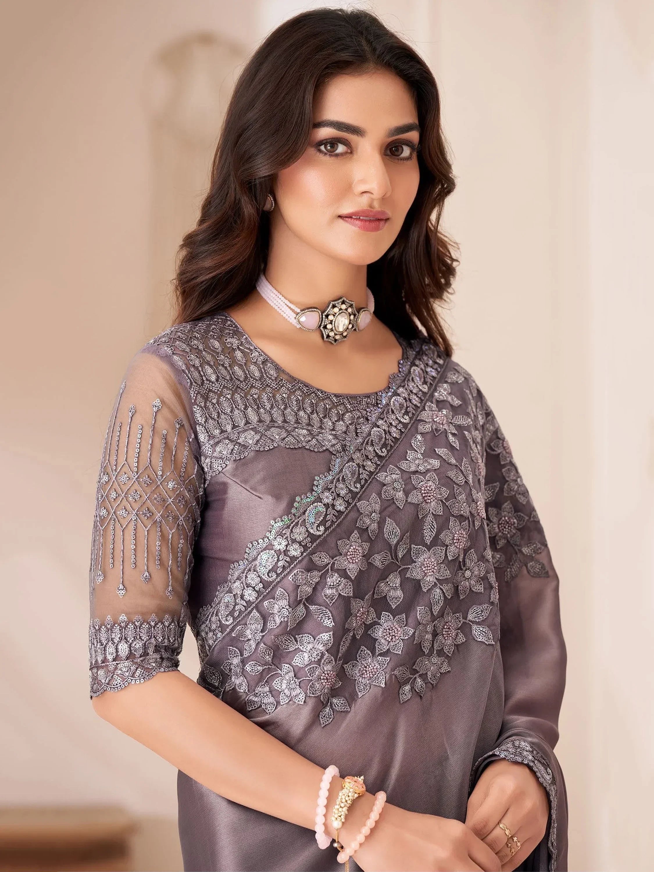 Lovely Dusty Purple Embroidered Georgette Party Wear Saree With Blouse