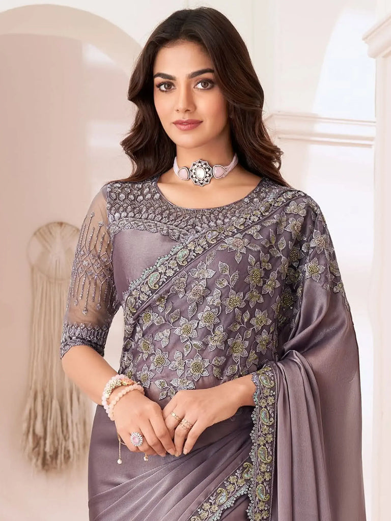 Lovely Dusty Purple Embroidered Georgette Party Wear Saree With Blouse