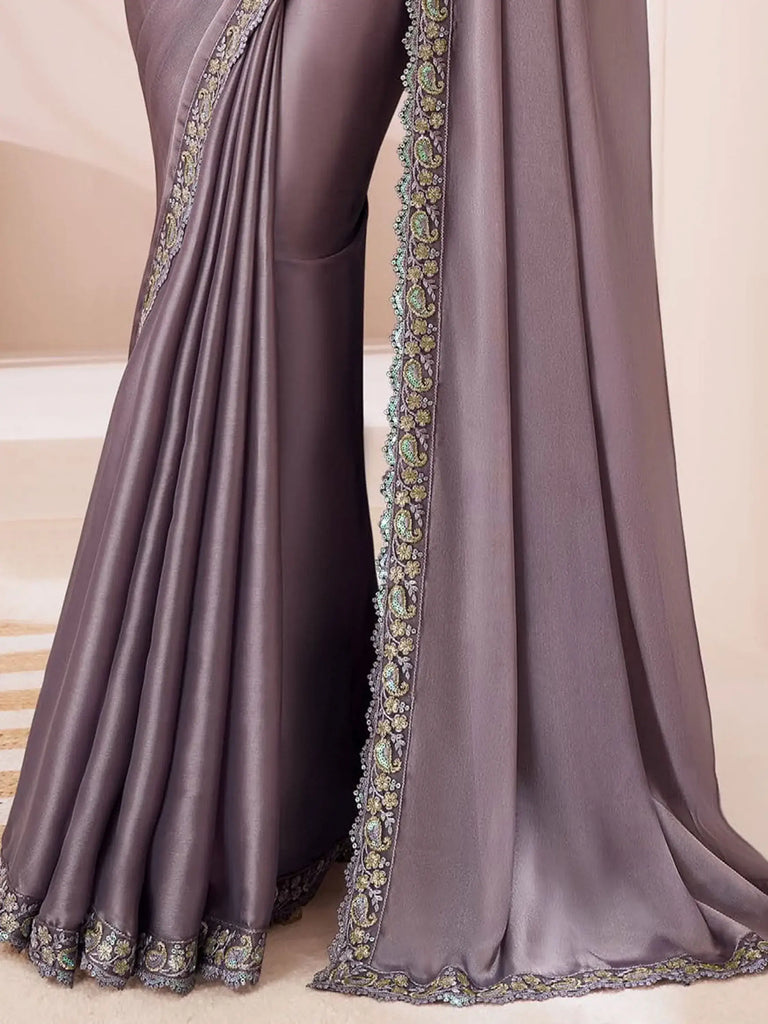 Lovely Dusty Purple Embroidered Georgette Party Wear Saree With Blouse