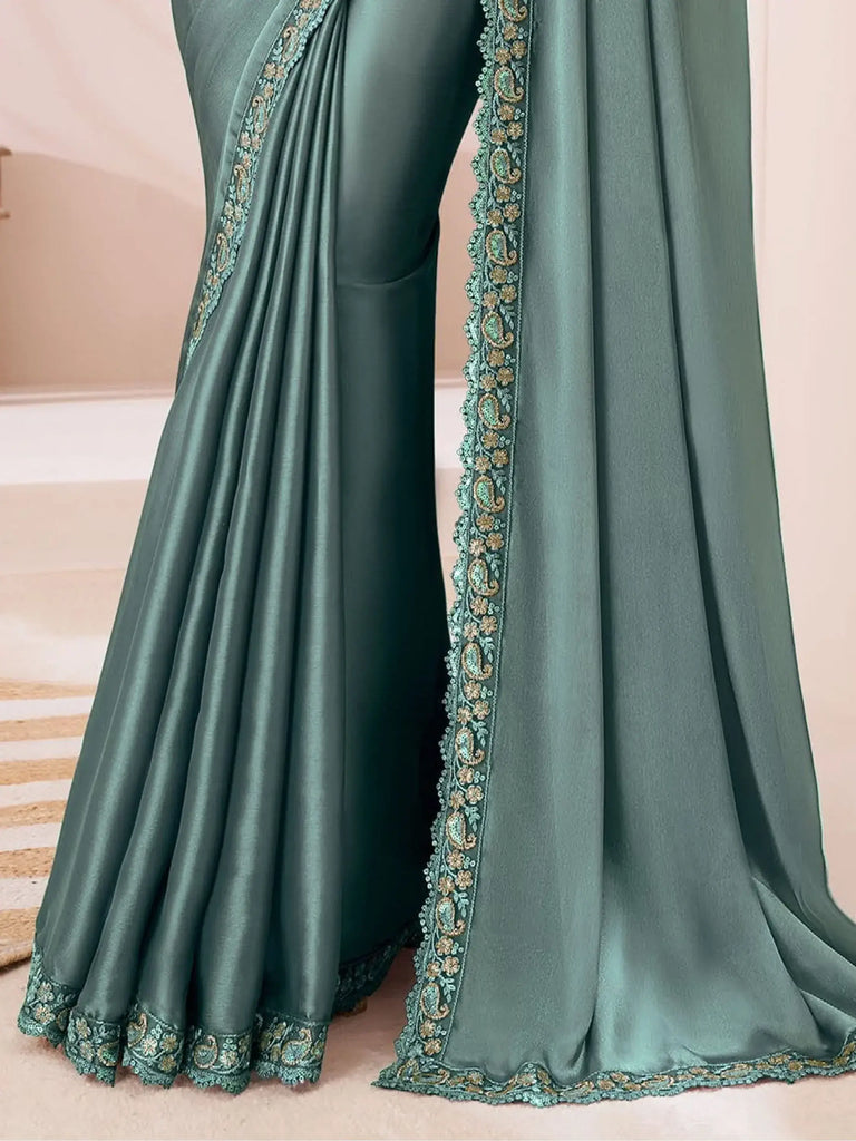 Gorgeous Dusty Sea Green Heavy Embroidery Georgette Event Wear Saree