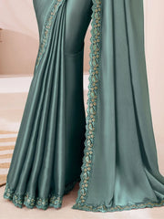 Gorgeous Dusty Sea Green Heavy Embroidery Georgette Event Wear Saree
