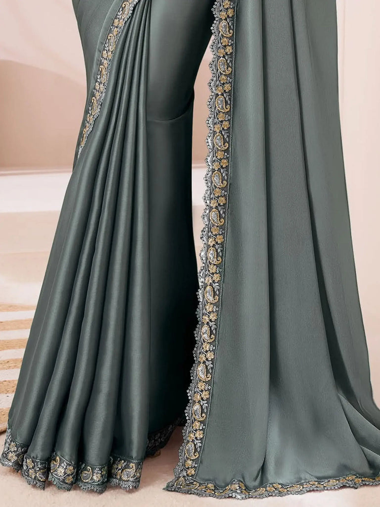 Bewitching Grey Color Heavy Embroidered Georgette Function Wear Saree
