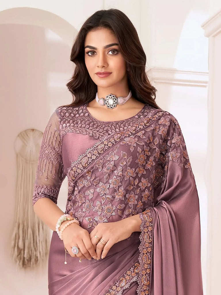 Awesome Dusty Rose Pink Embroidered Georgette Wedding Wear Saree