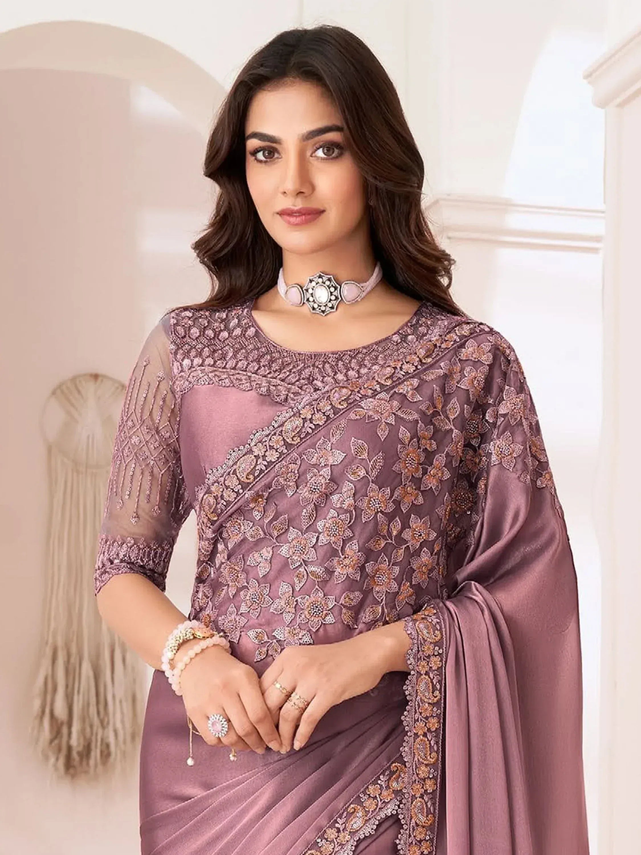 Awesome Dusty Rose Pink Embroidered Georgette Wedding Wear Saree