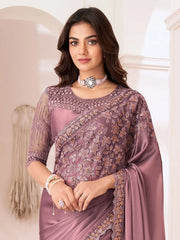 Awesome Dusty Rose Pink Embroidered Georgette Wedding Wear Saree