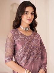 Awesome Dusty Rose Pink Embroidered Georgette Wedding Wear Saree