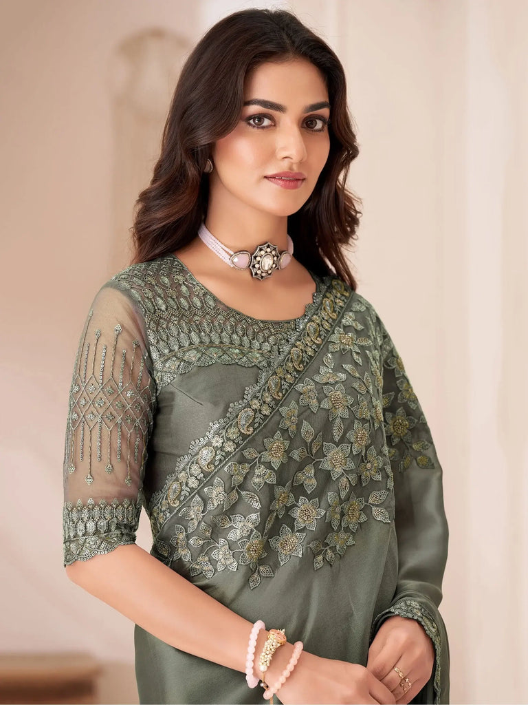Marvelous Dusty Grey Heavy Border Work Georgette Party Wear Saree