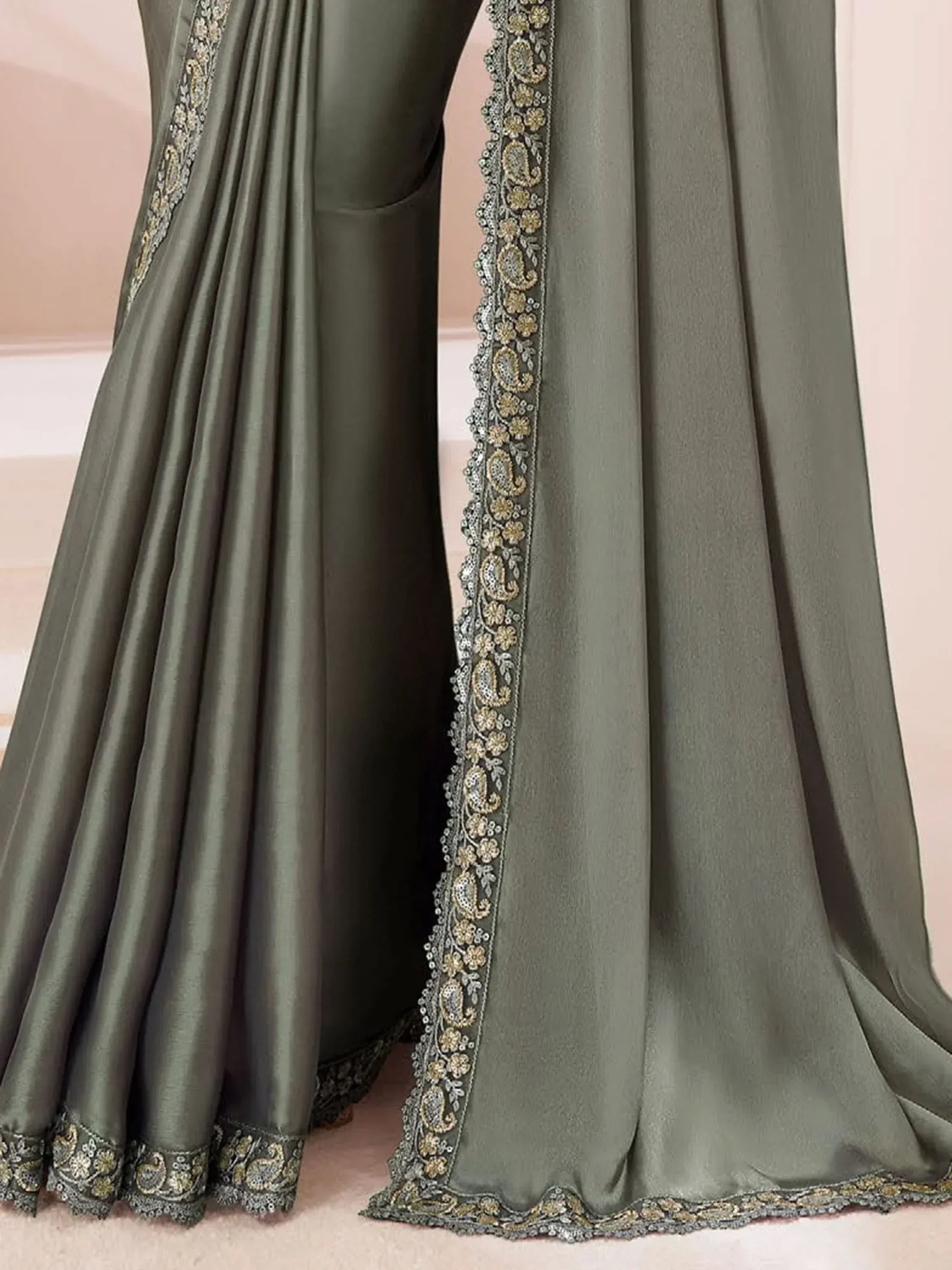 Olive green satin salwar kameez with gold paisley embroidery, ethnic wear for women