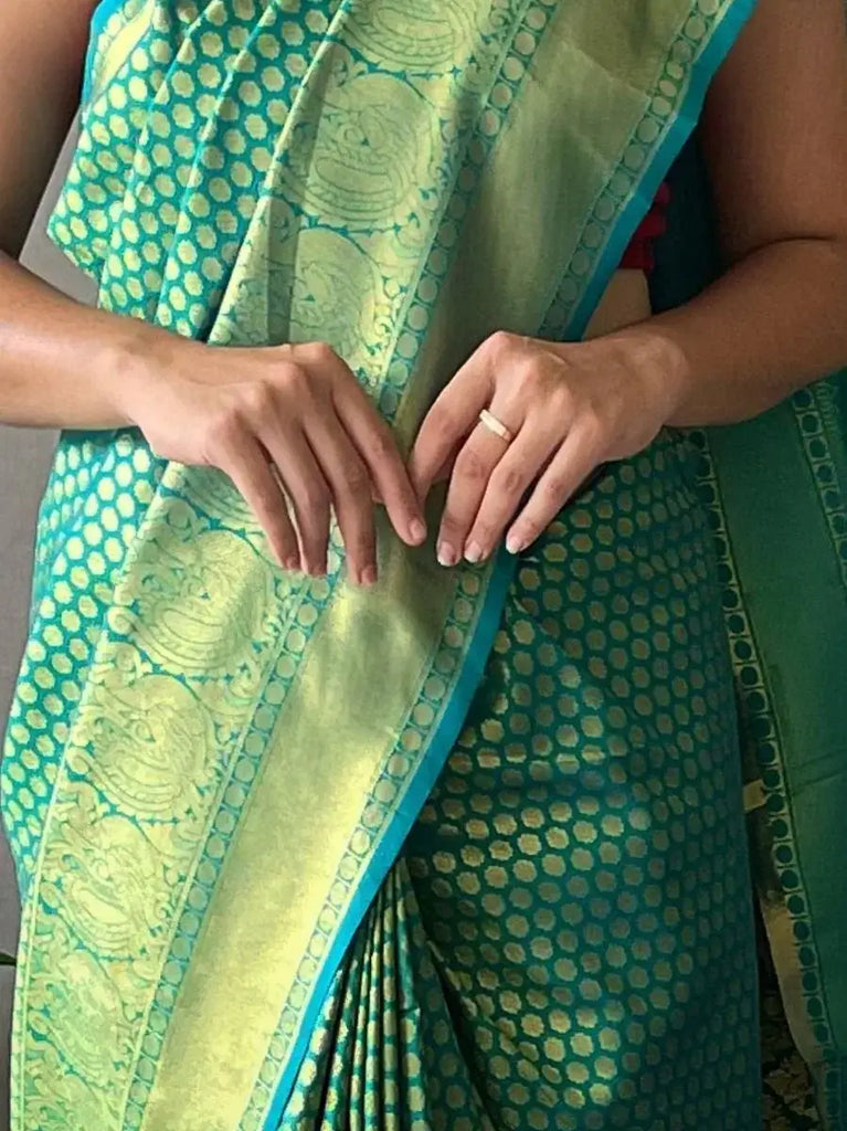 Superb Sea-Green Jacquard Kanjeevaram Silk Wedding Saree With Blouse