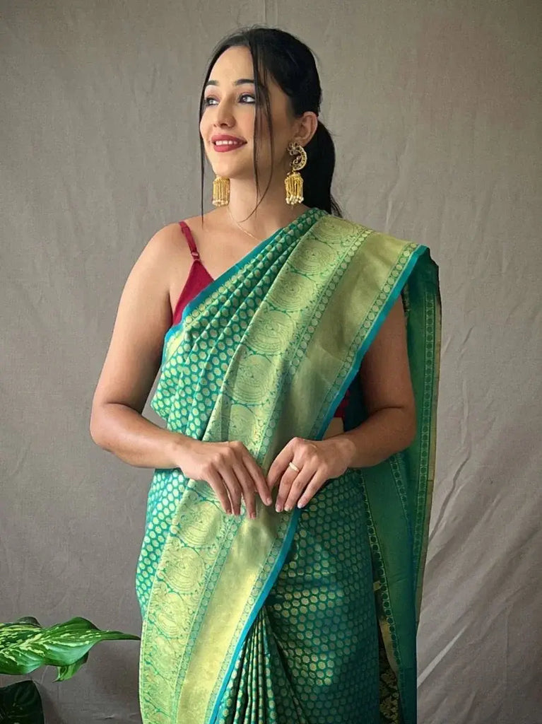Superb Sea-Green Jacquard Kanjeevaram Silk Wedding Saree With Blouse
