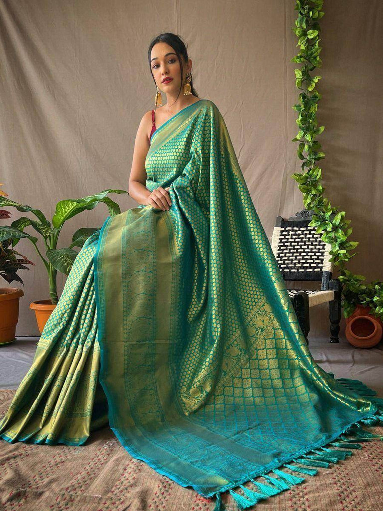 Superb Sea-Green Jacquard Kanjeevaram Silk Wedding Saree With Blouse