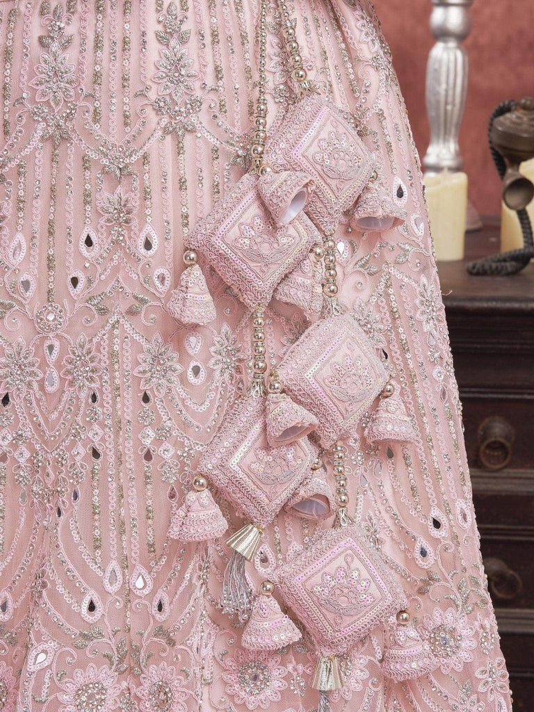 Sensual Baby Pink Mirror Work Net Bridal Wear Lehenga Choli - Ethnic Plus In