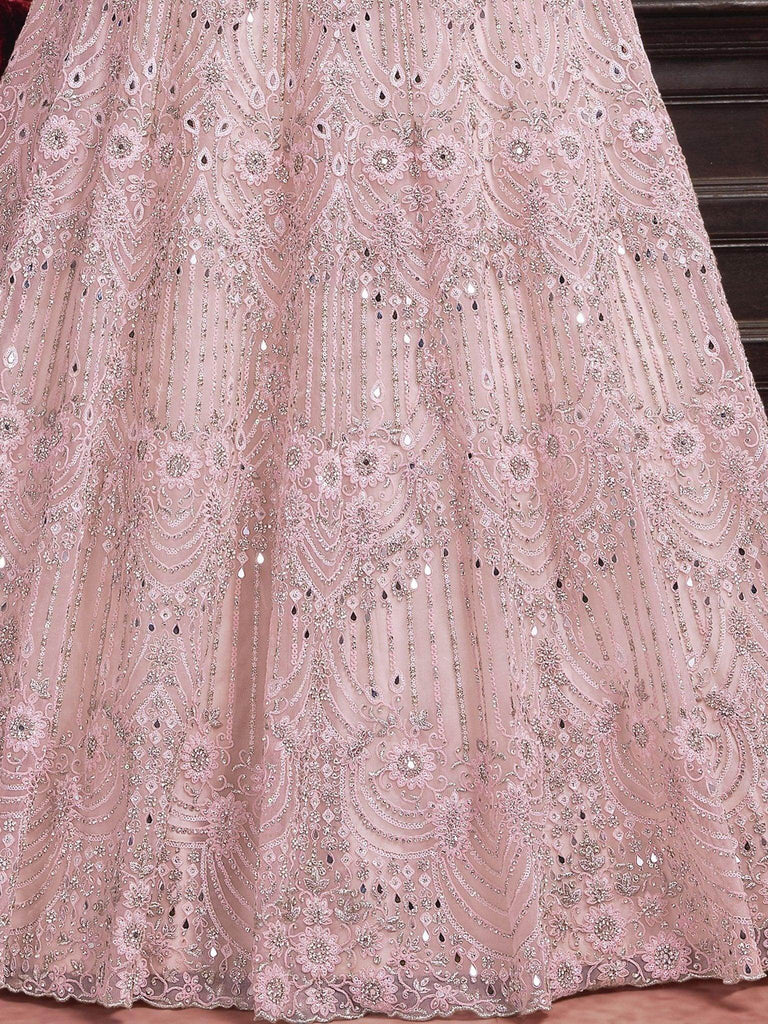 Sensual Baby Pink Mirror Work Net Bridal Wear Lehenga Choli - Ethnic Plus In