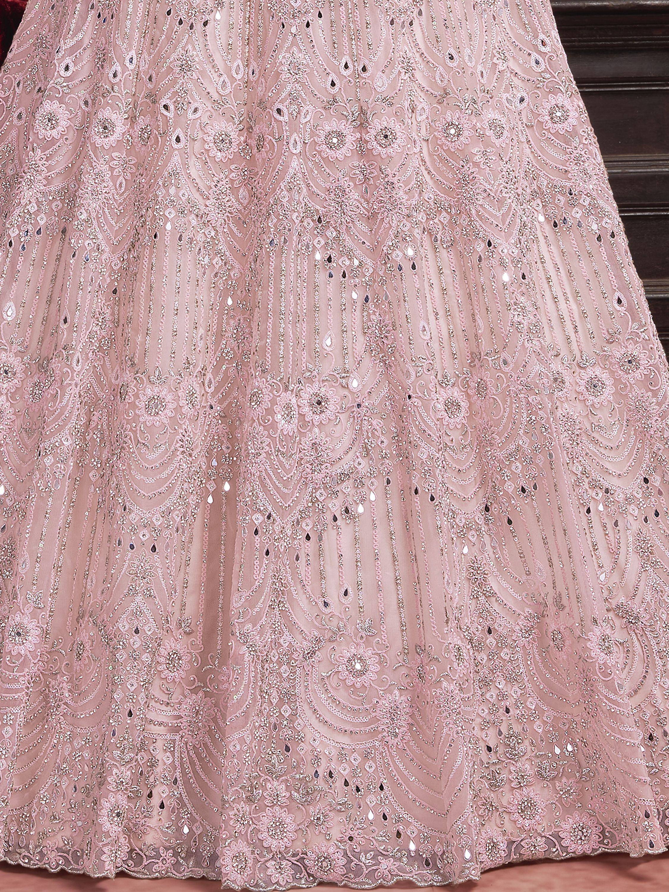 Pink embroidered lehenga skirt with intricate floral and mirror work, perfect for Indian ethnic wear