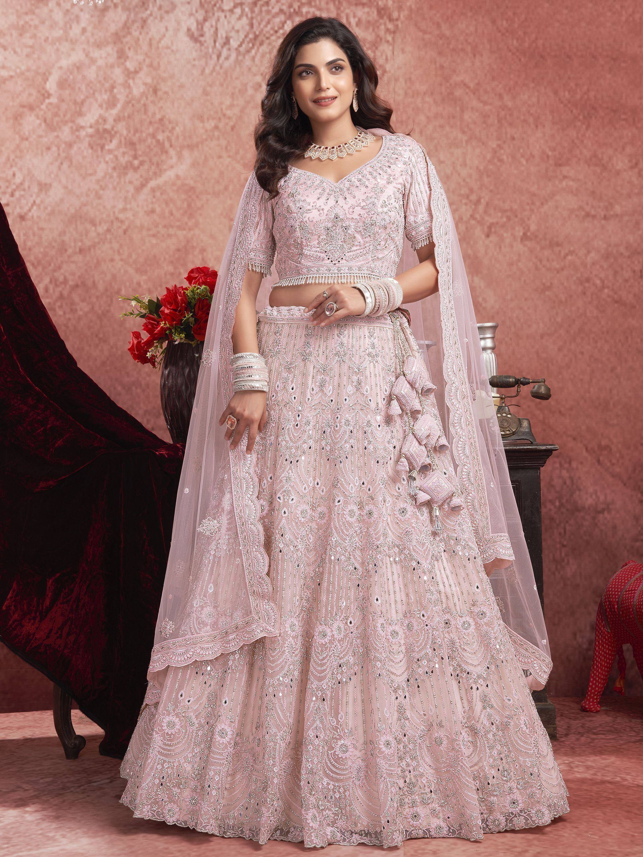 Pink embroidered lehenga choli with dupatta, Indian ethnic wear for weddings and parties