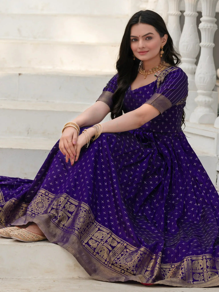 Fabulous Blue Silk Zari Weaving Festive Wear Gown