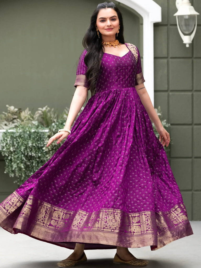 Pretty Purple Soft Silk Zari Weaving Traditional Gown