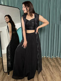 Shocking Black Sequins Georgette Event Wear Skirt Choli With Koti - Ethnic Plus In