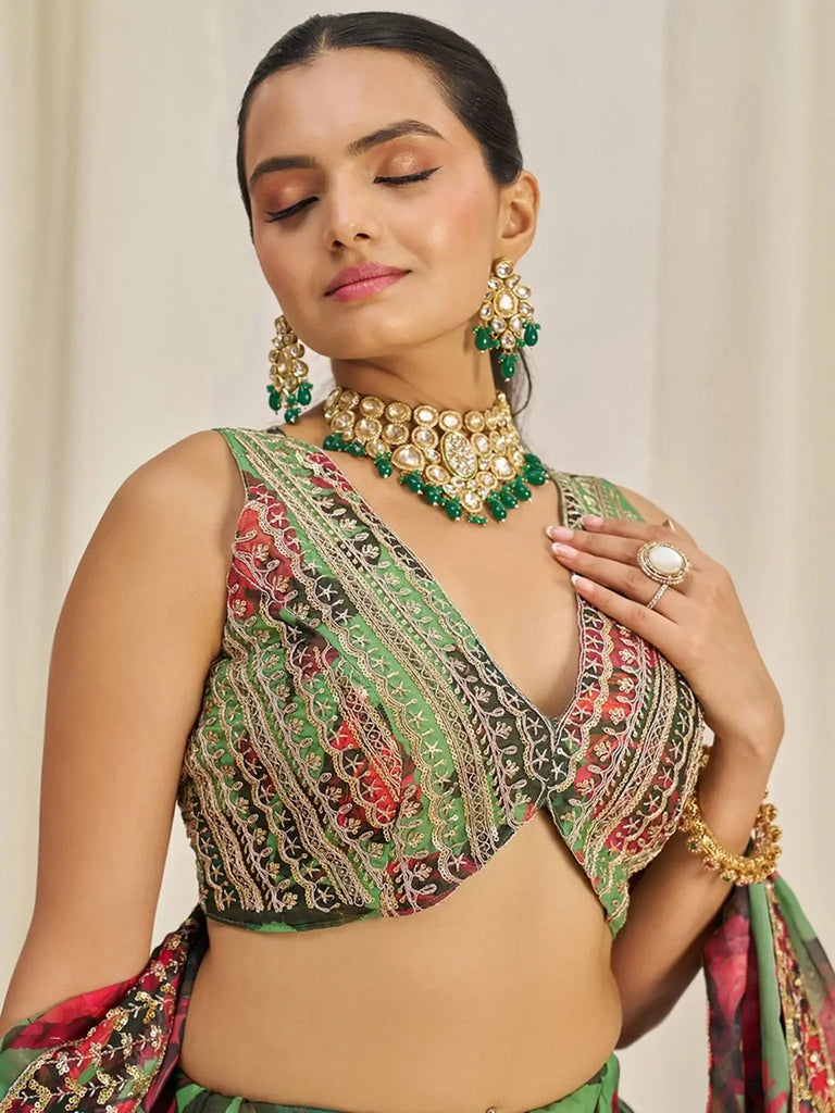 Shocking Green Sequins Organza Event Wear Lehenga Choli With Dupatta - Ethnic Plus In