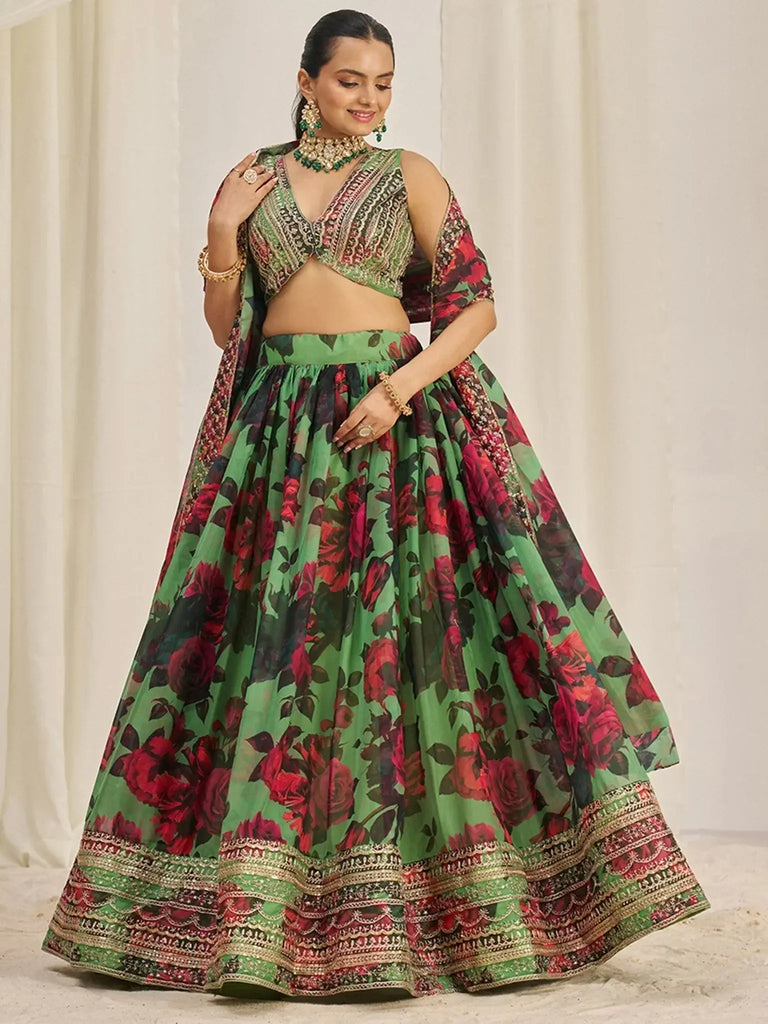 Shocking Green Sequins Organza Event Wear Lehenga Choli With Dupatta - Ethnic Plus In